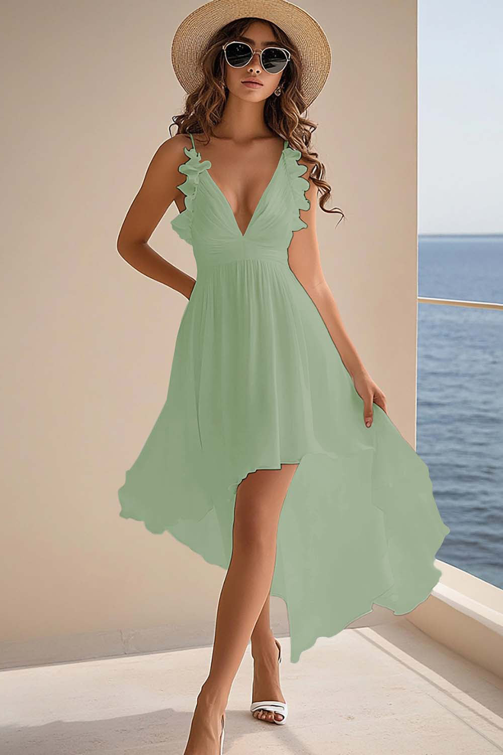 Lilac Chiffon Boho A Line High Low Graduation Dress with Ruffles