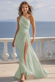 Ivory Ruched One Shoulder Beach Maxi Engagement Dress with Slit