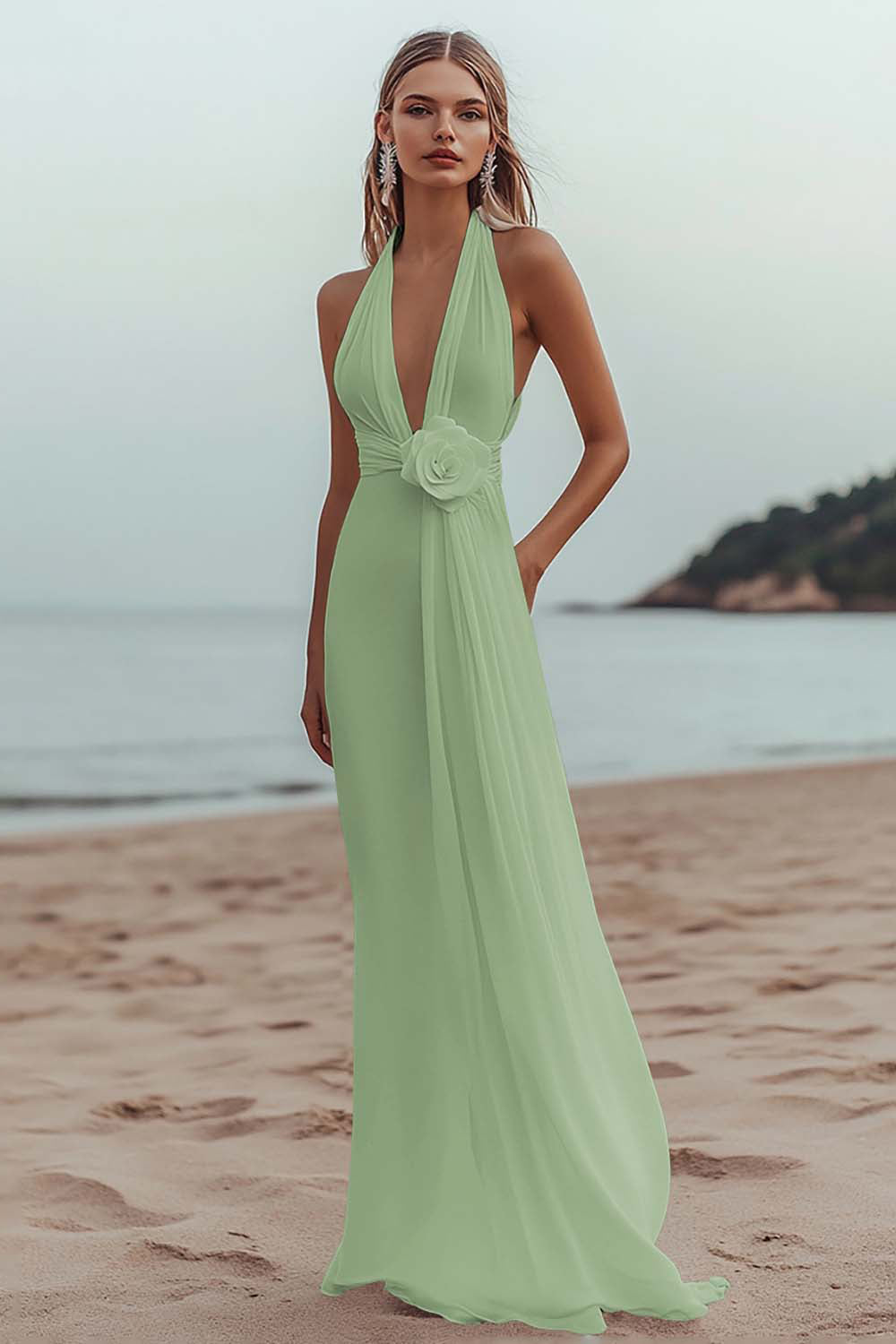 White A Line Deep V-Neck Long Engagement Dress