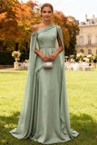 Dark Green One Shoulder Chiffon Long Wedding Guest Dress with Cape