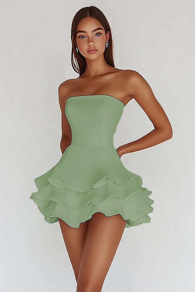 ZAPAKASA Women White Satin Short Ruffled Graduation Dress Strapless A