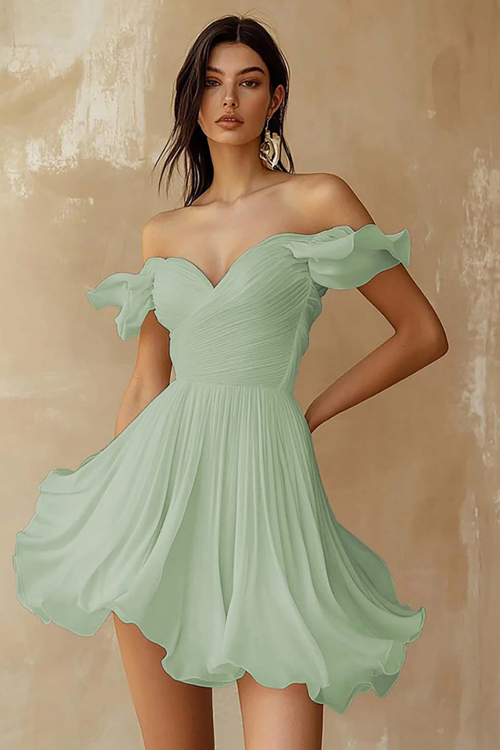 Chiffon Pleated A Line Mini Little White Dress with Ruffles - Dusty Sage / US2 Chiffon Pleated A Line Mini Little White Dress with Ruffles - Dusty Sage / US2