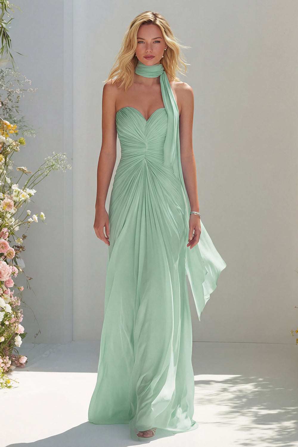 Sky Blue A Line Sweetheart Ruched Neck Scarf Long Prom Dress