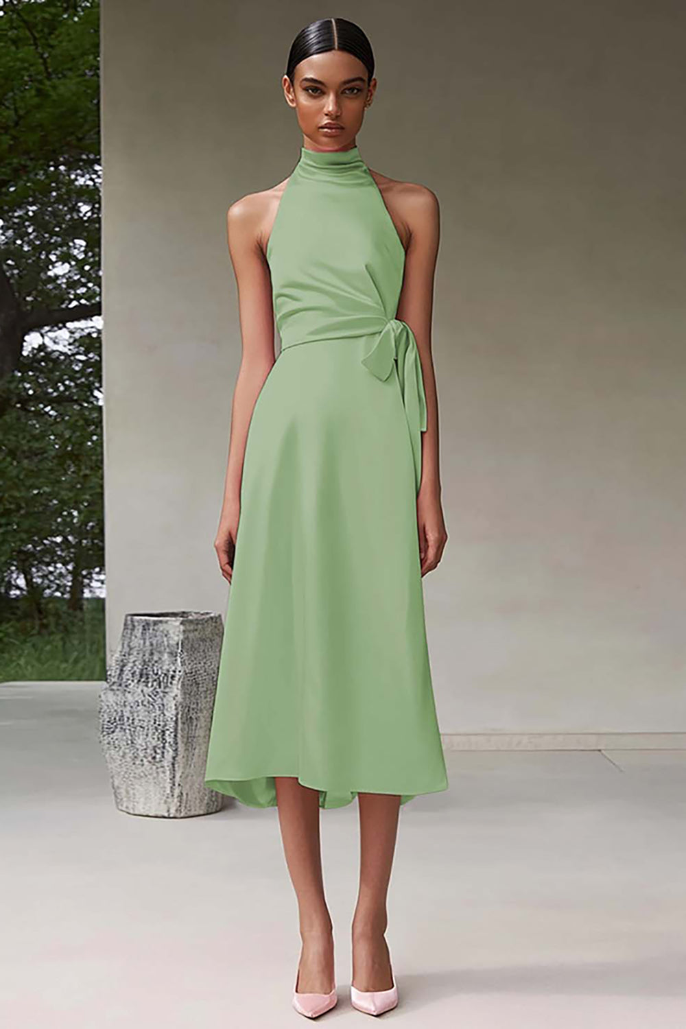 Pink Satin A Line Halter Knee-Length Formal Dress
