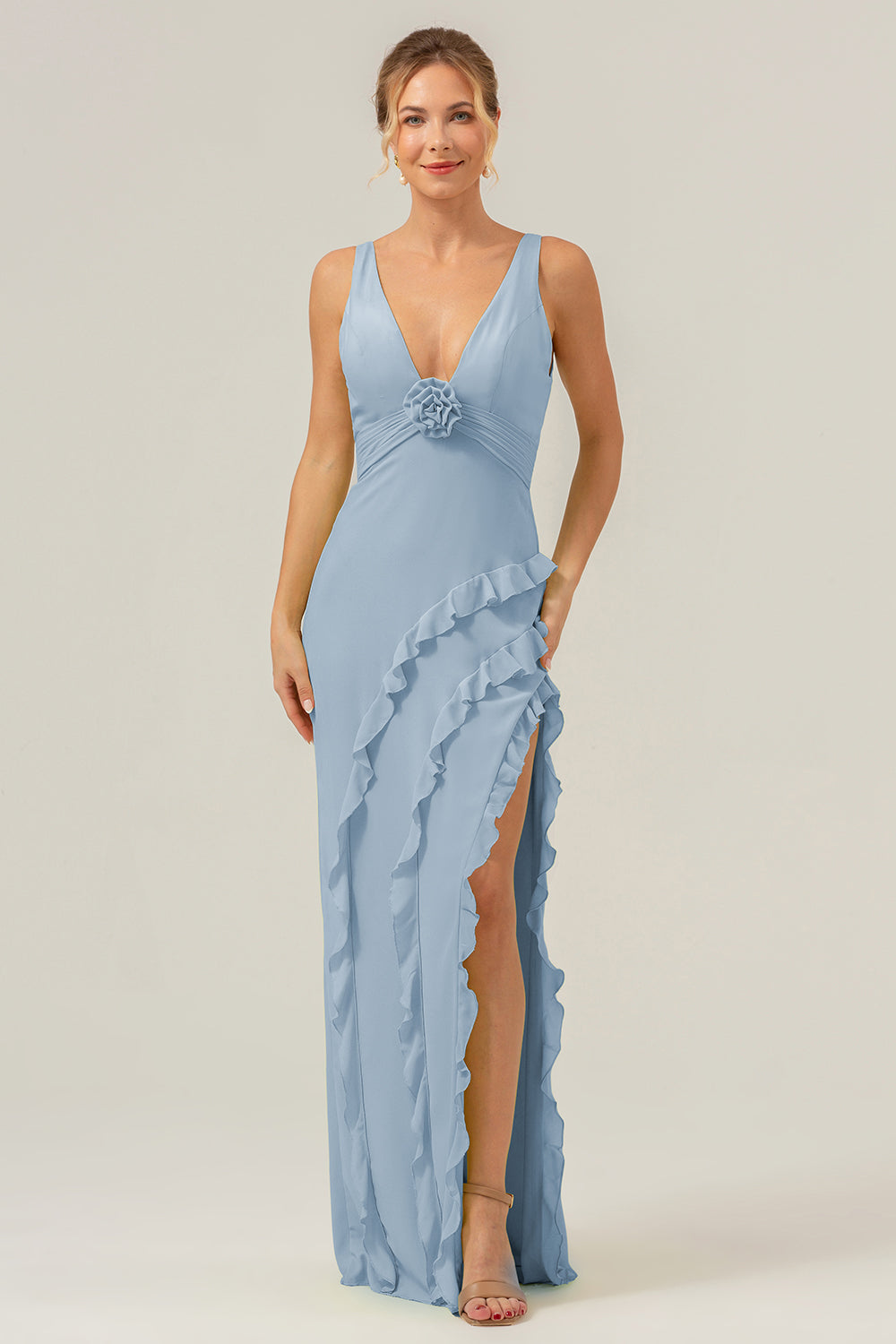 Lime Deep V Neck Ruffles Long Bridesmaid Dress with Slit