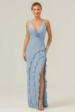 Lime Deep V Neck Ruffles Long Bridesmaid Dress with Slit