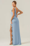 Lime Deep V Neck Ruffles Long Bridesmaid Dress with Slit