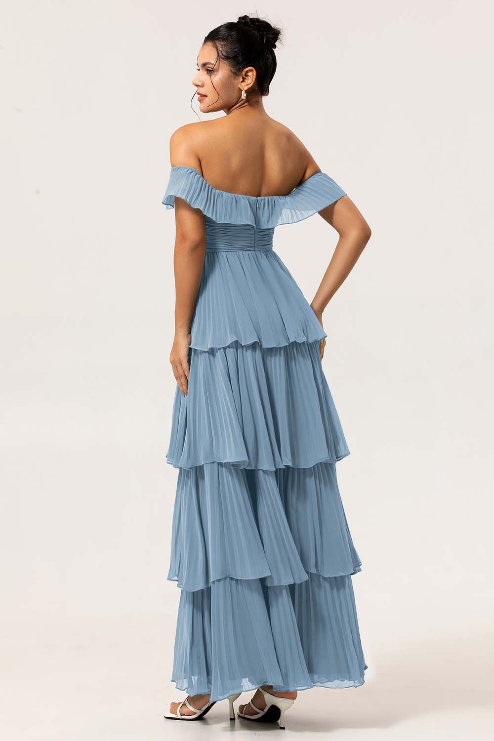 Eucalyptus Off The Shoulder Pleated Long Tiered Bridesmaid Dress