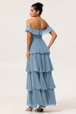 Eucalyptus Off The Shoulder Pleated Long Tiered Bridesmaid Dress