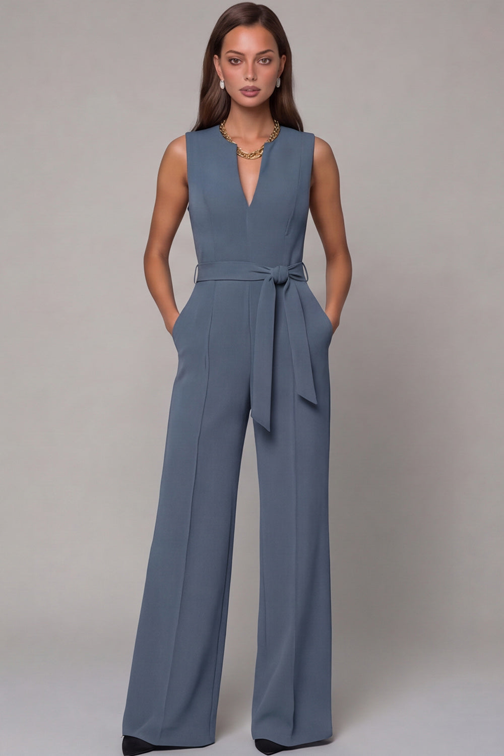 Navy Satin Slim Fit Work Jumpsuits with Pockets