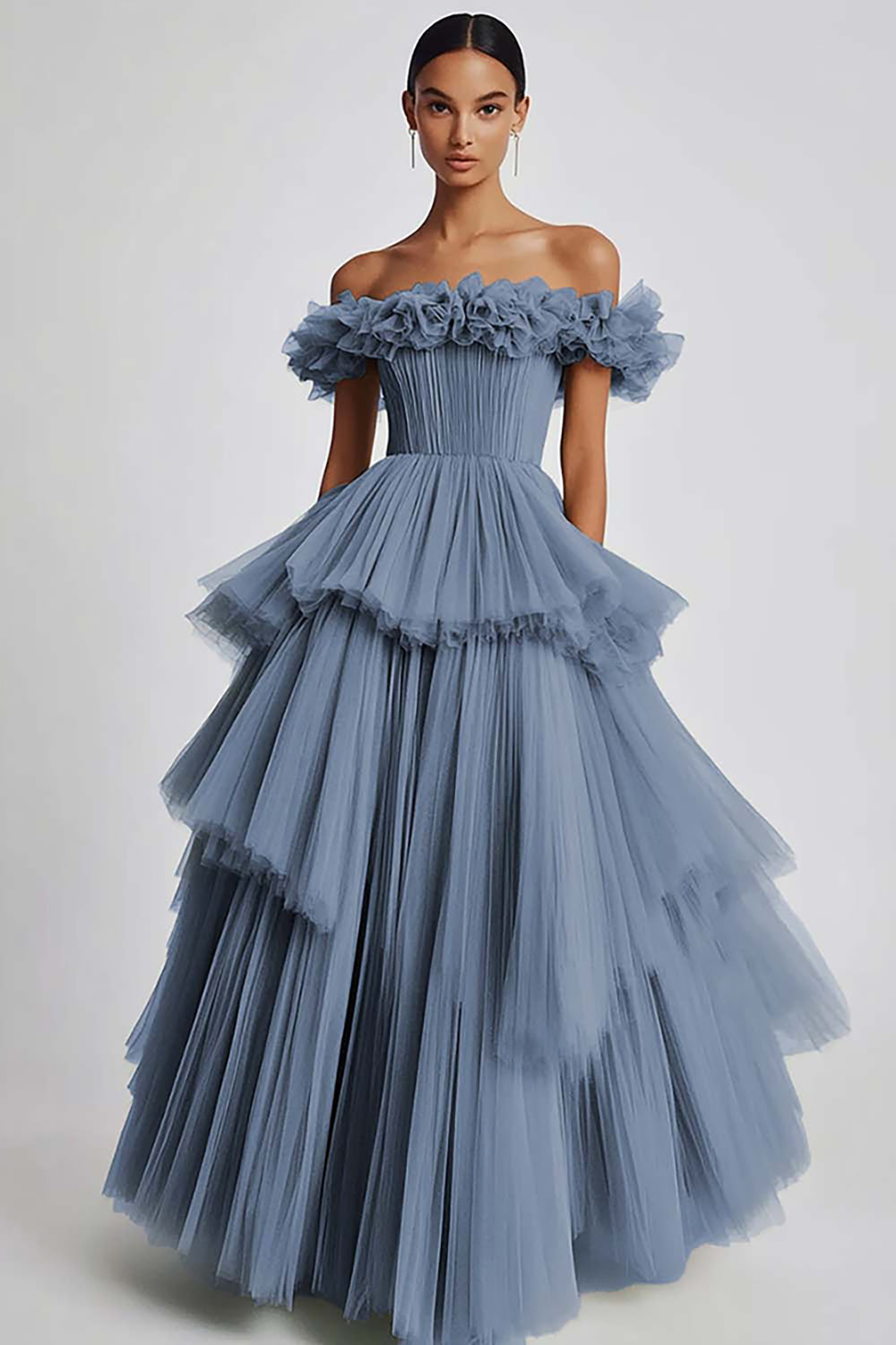Dusty Sage Tulle Off the Shoulder Long Formal Dress with Ruffles