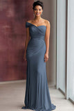 Light Khaki Jersey Sheath One Shoulder Pleated Gala Dress