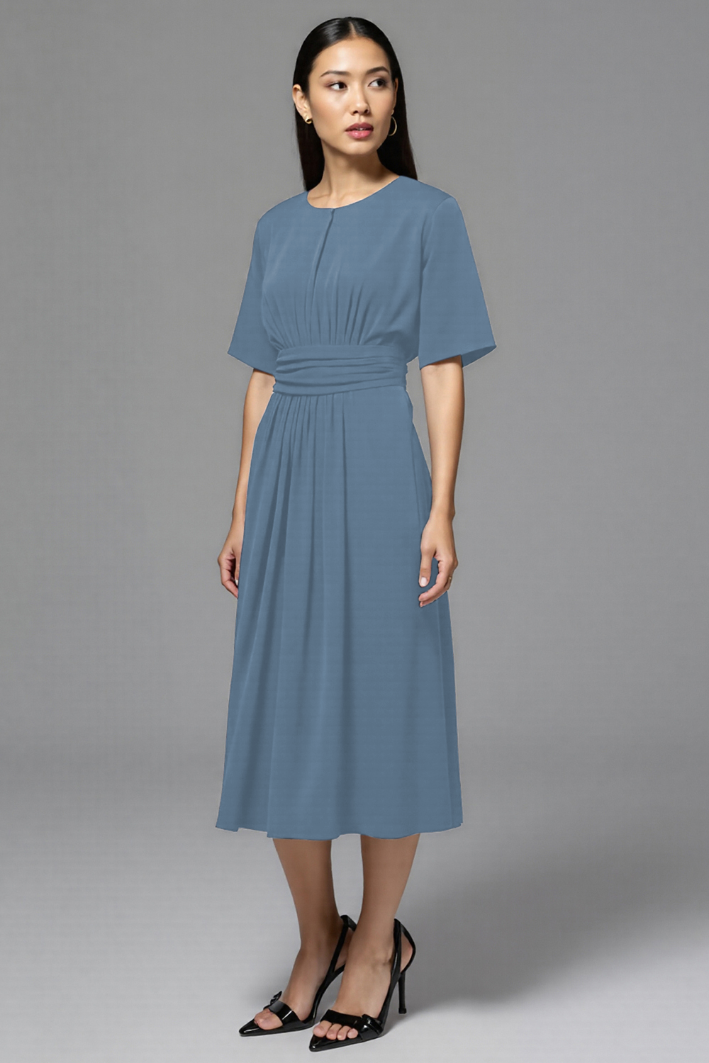 Navy Satin A Line Scoop Neck Midi Work Dress