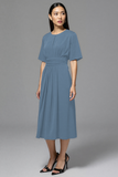 Navy Satin A Line Scoop Neck Midi Work Dress