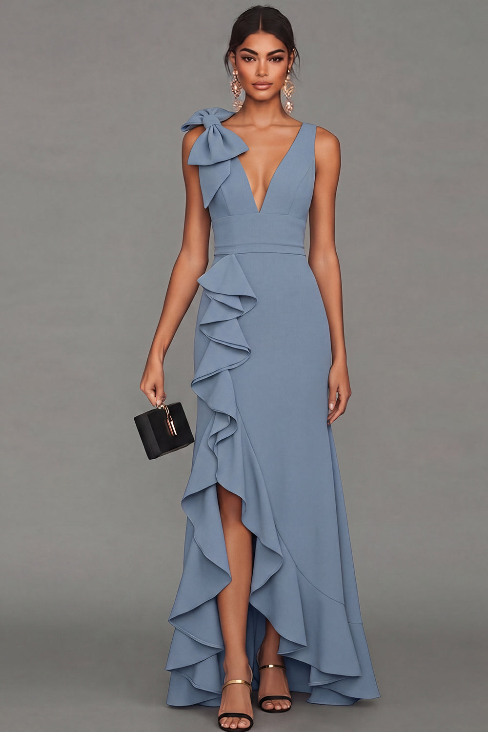 Black V-Neck Long Formal Dress with Ruffles