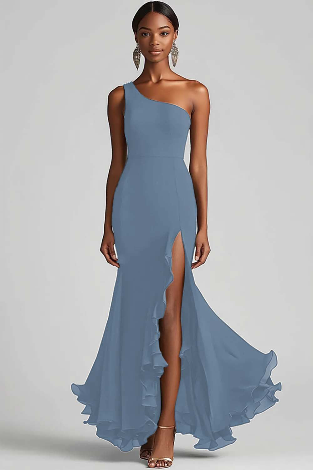 Black Mermaid One Shoulder Chiffon Long Ruffled Formal Dress with Slit