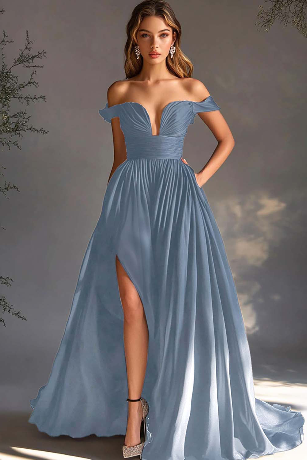 A Line Chiffon Pleated Long Off the Shoulder Formal Dress with Slit