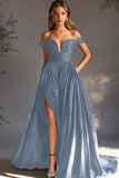 A Line Chiffon Pleated Long Off the Shoulder Formal Dress with Slit