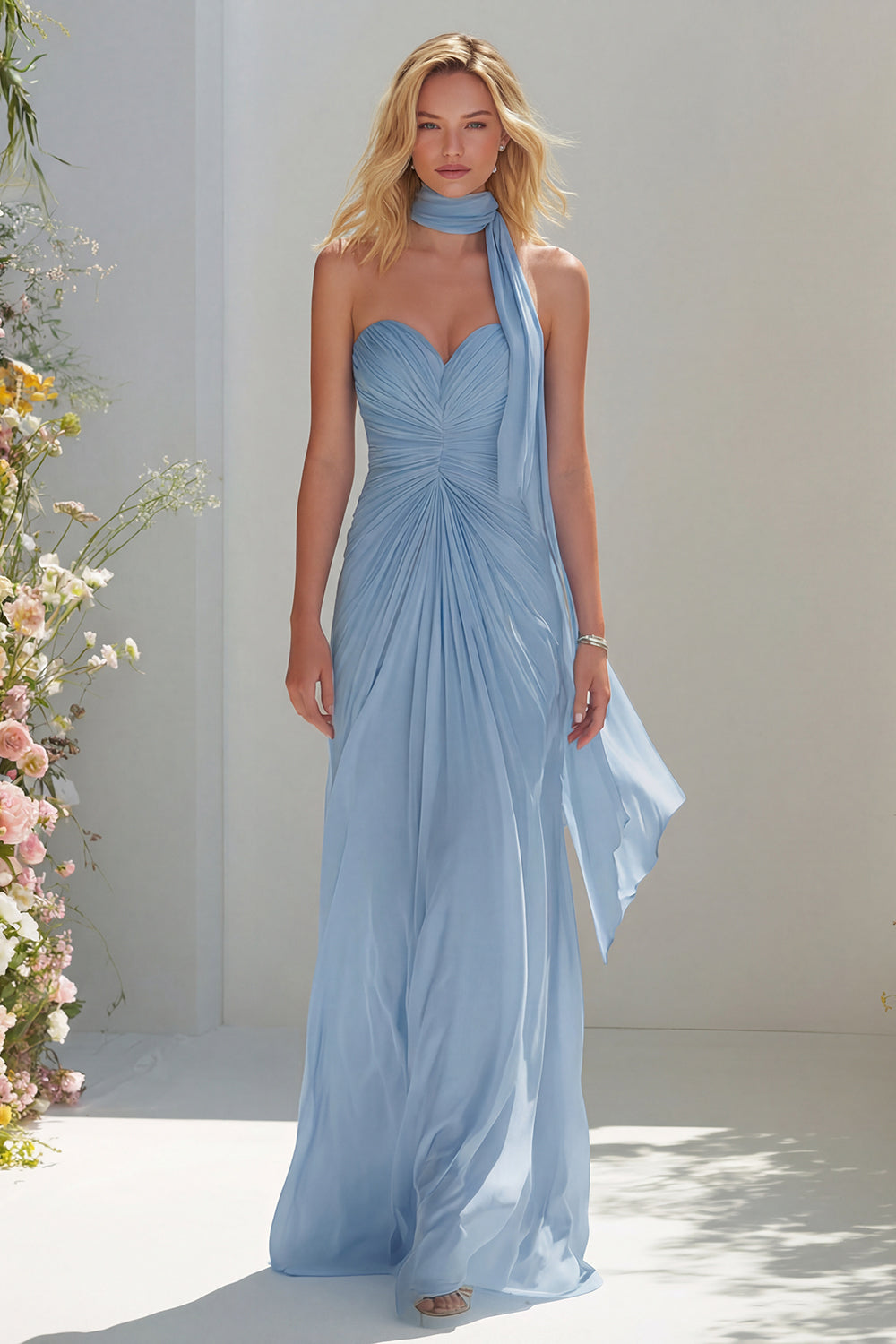 Sky Blue A Line Sweetheart Ruched Neck Scarf Long Prom Dress