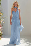 Sky Blue A Line Sweetheart Ruched Neck Scarf Long Prom Dress