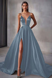 A Line Navy Satin Spaghetti Straps Long Prom Dress with Slit
