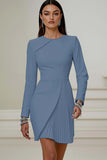 Ivory Pencil Pleated Round Neck Short Work Dress with Sleeves