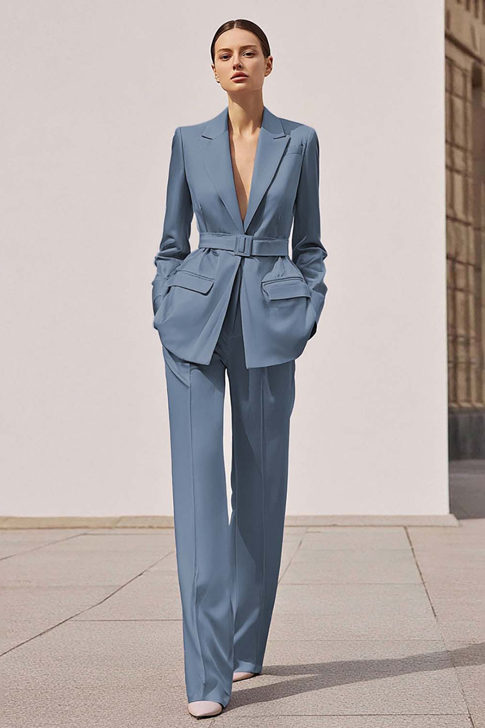 Lilac Satin Notched Lapel 2 Piece Long Sleeves Business Suits with Belt