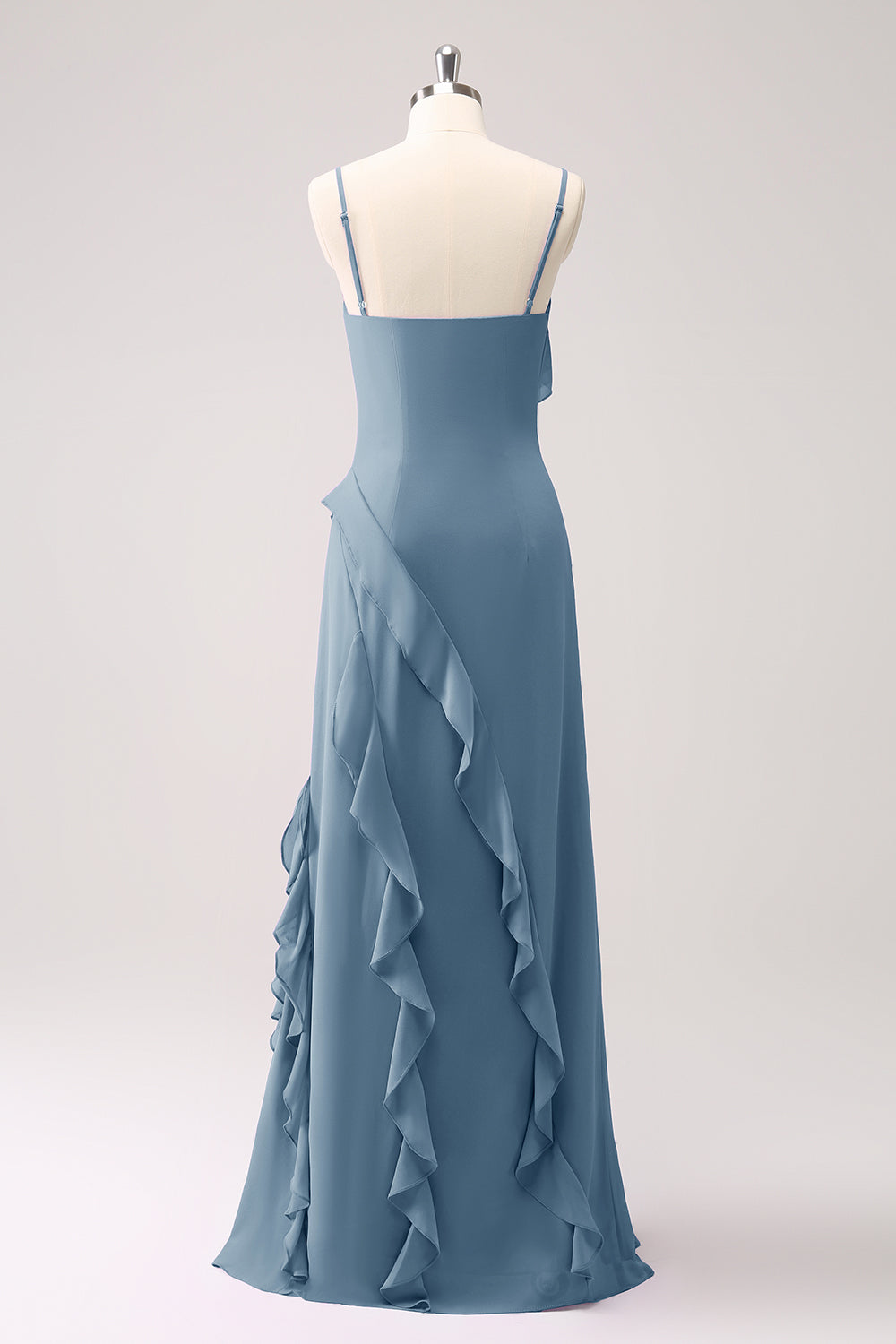 Tahiti Spaghetti Straps Chiffon Ruffled Long Bridesmaid Dress with Slit