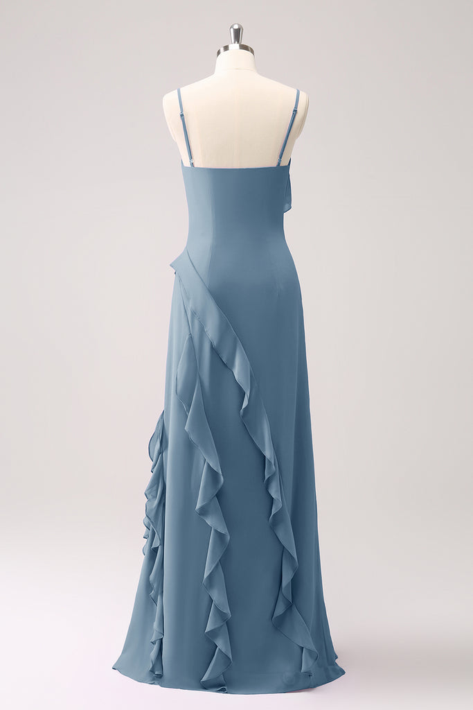 Eucalyptus Spaghetti Straps Long Bridesmaid Dress with Ruffles