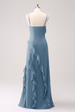 Tahiti Spaghetti Straps Chiffon Ruffled Long Bridesmaid Dress with Slit