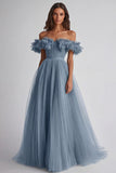 A Line Dusty Sage Off the Shoulder Long Wedding Guest Dress with Ruffles