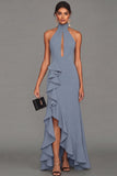 Long Black High Neck Formal Dress with Ruffles