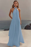 White Halter Neck A Line Long Chiffon Rehearsal Dinner Dress