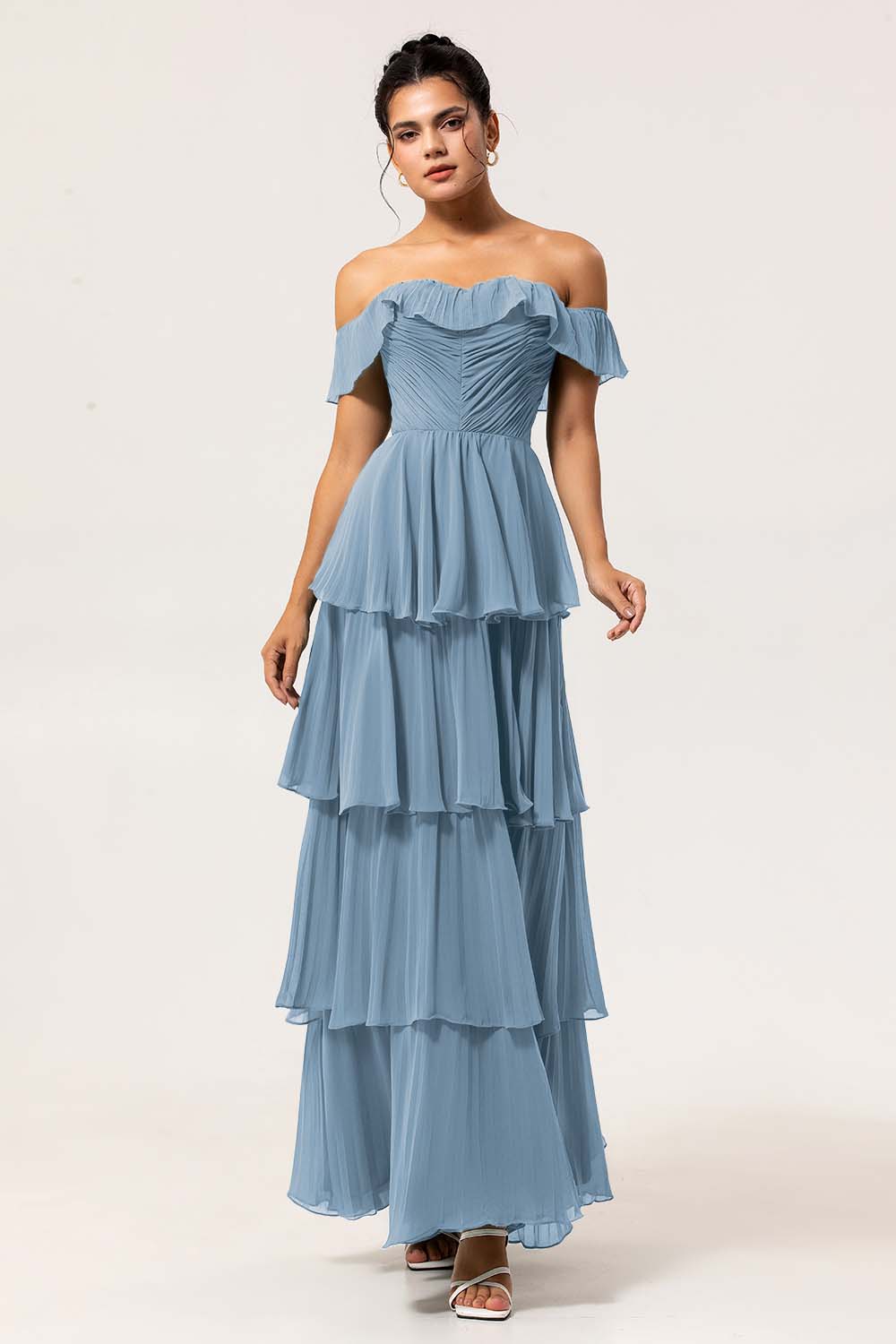 Eucalyptus Off The Shoulder Pleated Long Tiered Bridesmaid Dress