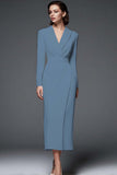 Simple Ivory Pencil Shawl Lapel Long Blazer Dress with Sleeves