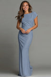 Navy Mermaid Boat Neck Long Formal Dress with Sleeves