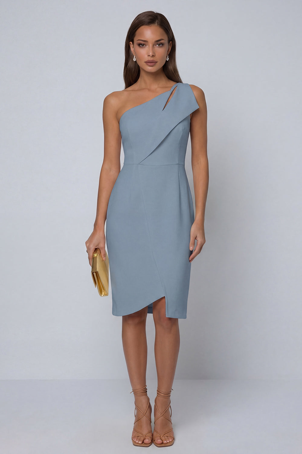 Black Pencil Knee Length One Shoulder Work Dress