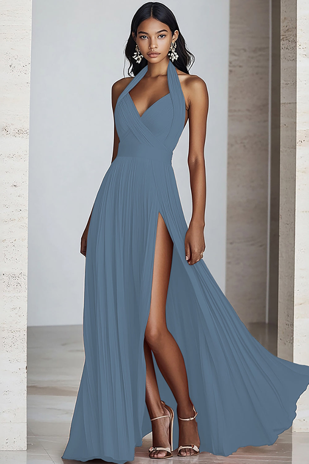 Black A Line Halter Neck Pleated Long Formal Dress with Slit