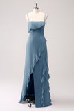 Tahiti Spaghetti Straps Chiffon Ruffled Long Bridesmaid Dress with Slit