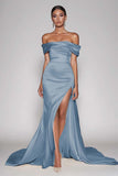 Satin Champagne Sheath Off the Shoulder Long Prom Dress with Slit