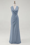 White Chiffon V-Neck Sheath Sleeveless Long Rehearsal Dinner Dress