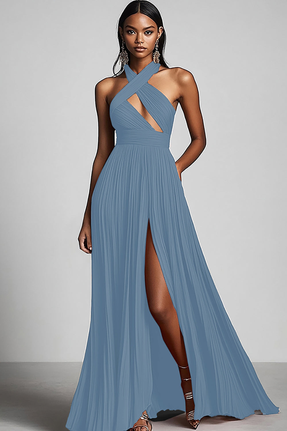 Black A Line Pleated Halter Neck Long Formal Dress with Slit