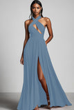 Black A Line Pleated Halter Neck Long Formal Dress with Slit