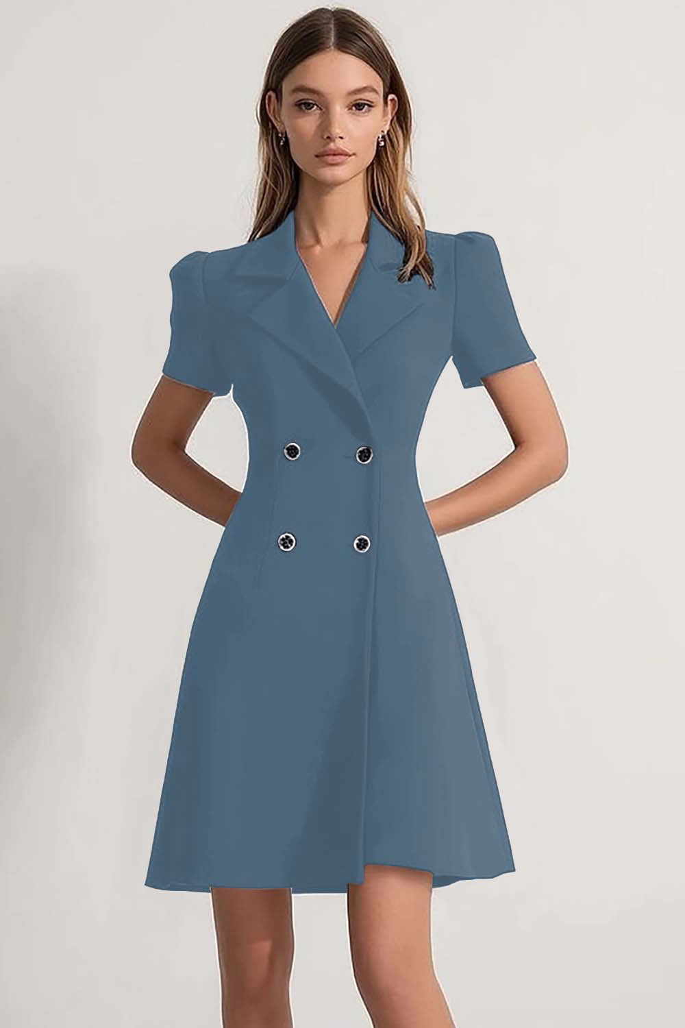 Navy A Line Notched Lapel Double Breasted Short Work Blazer Dress with Sleeves