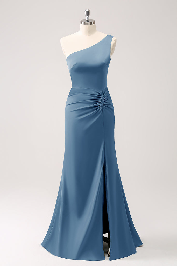 Elegant One Shoulder Mermaid Satin Orange Long Bridesmaid Dresses Online, BG760