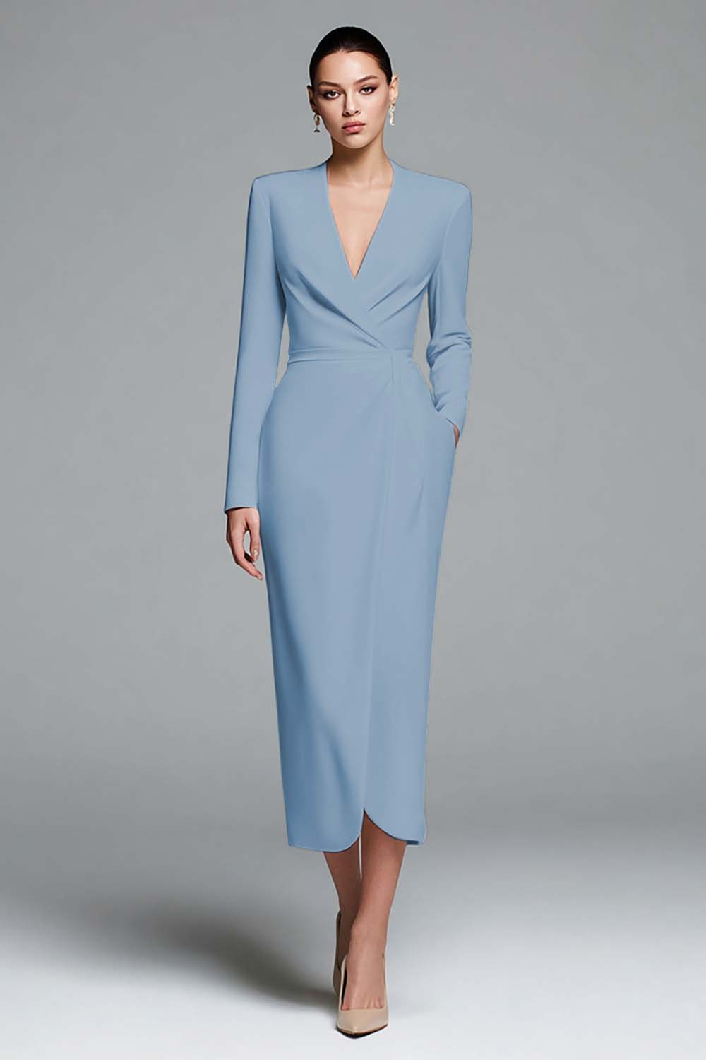 Ivory Satin V-Neck Sheath Long Sleeves Work Dress