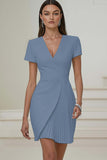 Ivory V-Neck Pencil Pleated Short Work Dress with Sleeves