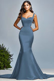 Corset Dark Green Satin Spaghetti Straps Mermaid Long Prom Dress