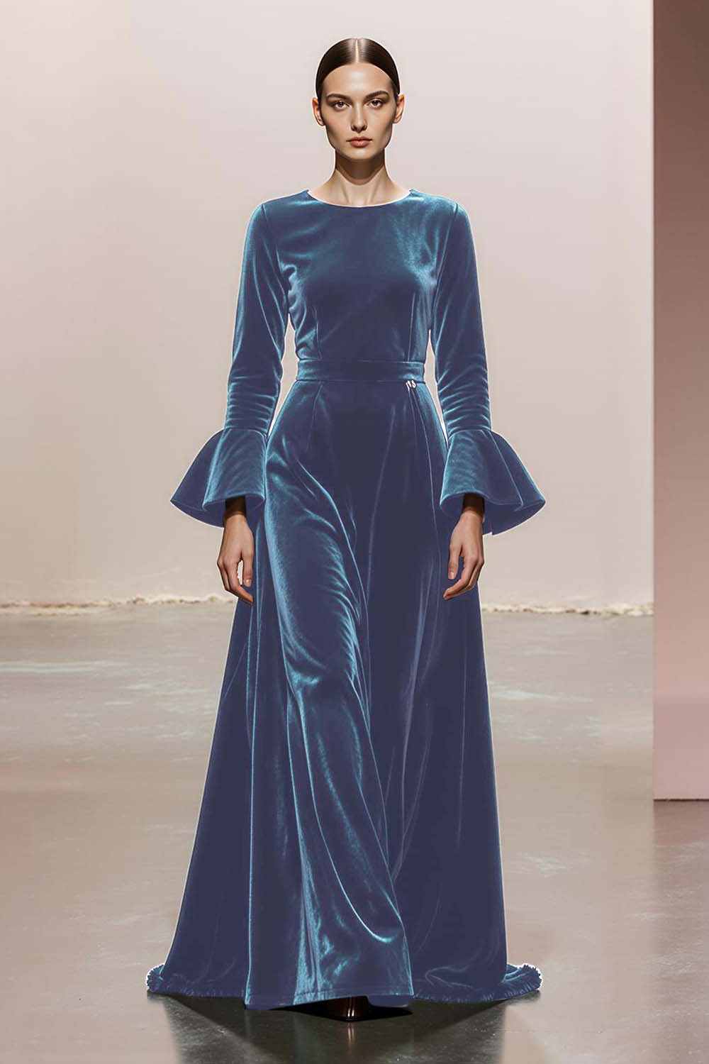 Dark Green Round Neck Velvet A Line Long Formal Dress with Sleeves