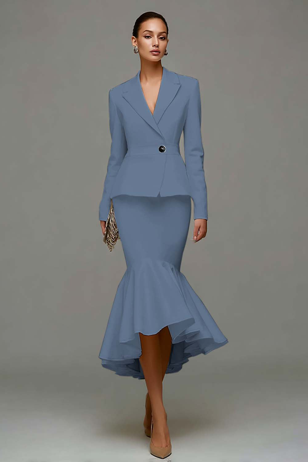 Ivory Satin Notched Lapel 2 Piece Midi Business Suits with Ruffles